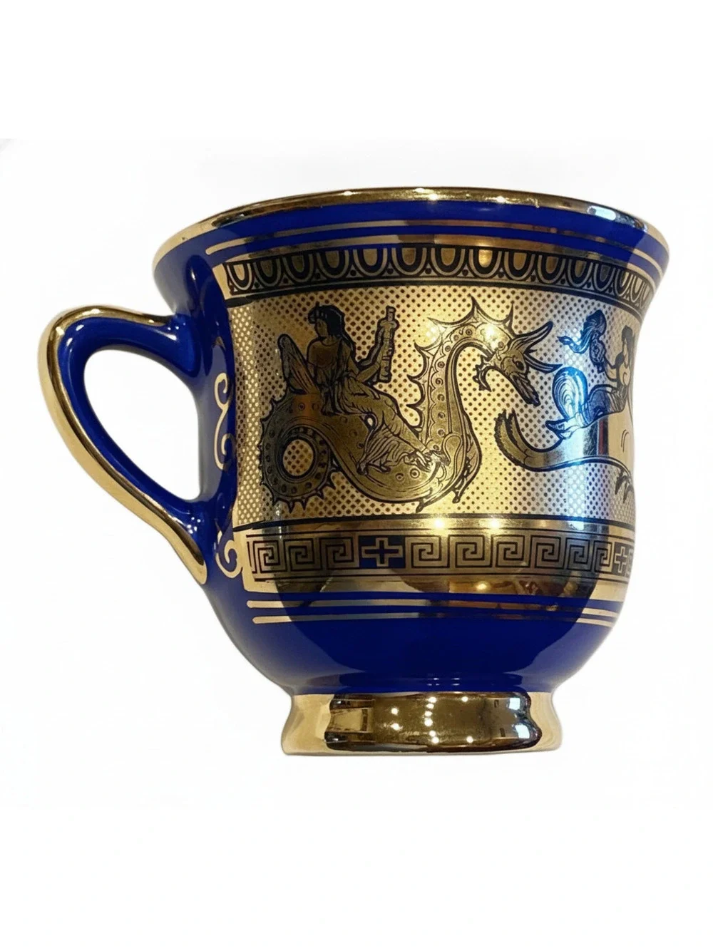 3 Pcs Set SPYROPULOS Greek D. Cup & Saucer, Vase Ashtray, 24k Trim, Cobalt B
